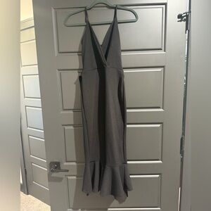 PrettyLittleThing Black V-Neck Midi Dress Ruffle Bottom